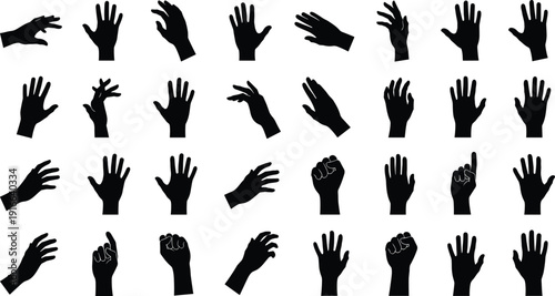 Hand gesture silhouette mega set showing various human hand poses signs and movements isolated on white background black vector illustration