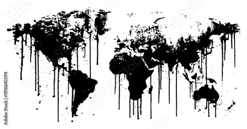 World map silhouette with distressed grunge texture and black ink drips