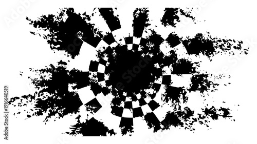 Geometric radial checkered pattern with explosive grunge ink splatters