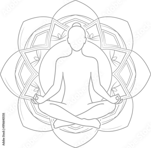 Simple black and white outline drawing features a figure meditating peacefully in lotus position against a detailed geometric mandala background design