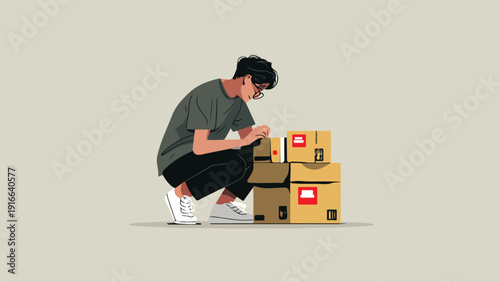 Person crouching to organize stacked boxes with red and white labels