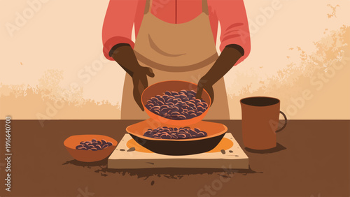 Person in apron carefully pours dark beans from a bowl into another bowl over heat