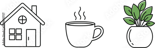 Simple line art icons representing cozy home elements including a house a steaming cup and a potted green plant