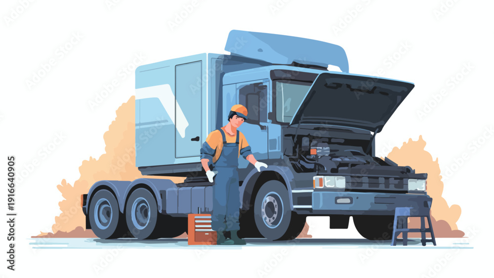 Obraz premium A mechanic in blue overalls inspects a large truck with its hood open