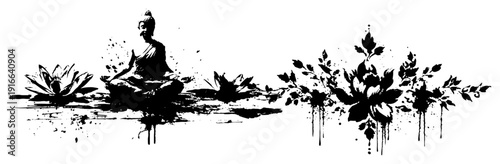 Serene Buddha silhouette with lotus flowers and decorative floral ink ornaments