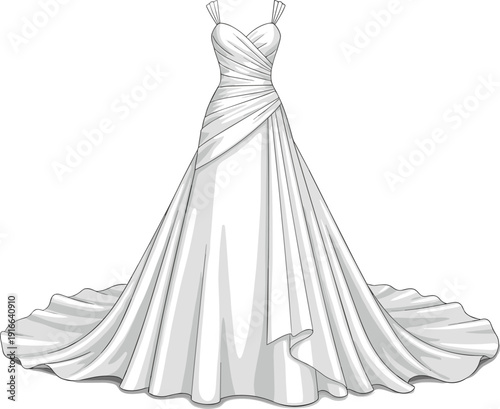 Elegant white bridal gown illustration, wedding dress with flowing train, luxury couture fashion, isolated, romantic, formal, vector design