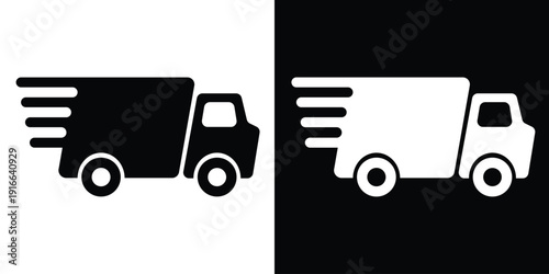 Delivery truck silhouette icon. Minimalist black and white freight vehicle vector for logistics, commercial transport, and shipping.