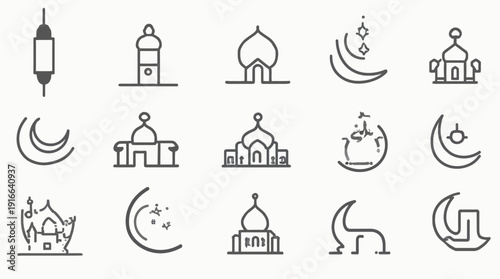 Collection of minimalist line icons representing Islamic architecture and celestial symbols