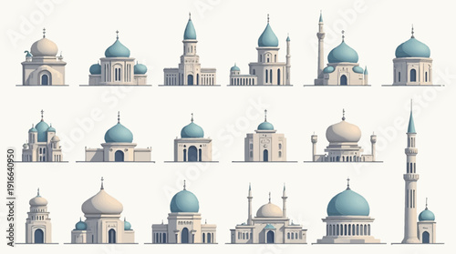 Diverse vector illustrations of mosques with domes and minarets
