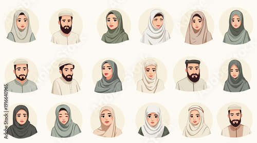 Diverse collection of Muslim men and women avatars in traditional attire.