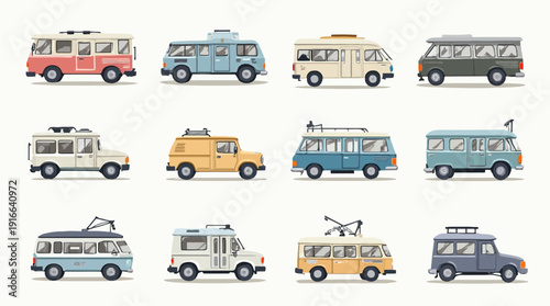 A collection of colorful stylized vintage vans and buses displayed in a neat grid.