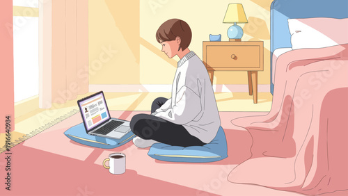 Person working on laptop in a cozy bedroom.