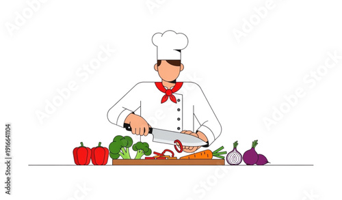 A chef in a white uniform chopping vegetables on a cutting board