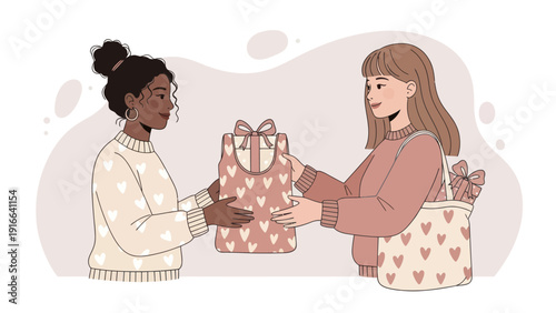 Two women exchanging a gift with hearts pattern.
