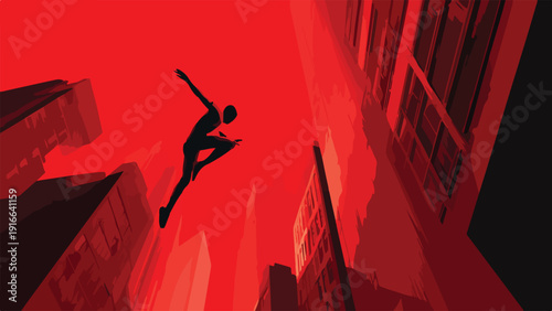 Silhouette of a person mid-leap, framed by stylized buildings against a red sky