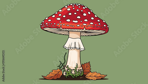 Amanita muscaria mushroom on a forest floor illustration.