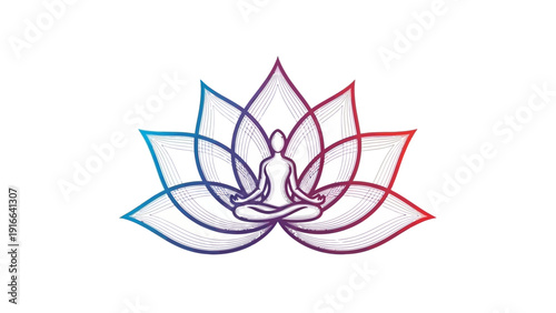 Person meditating in a lotus pose with a gradient lotus flower.