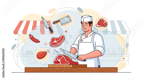Butcher preparing fresh meat at market stall