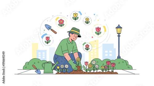 Gardener planting flowers in urban city garden