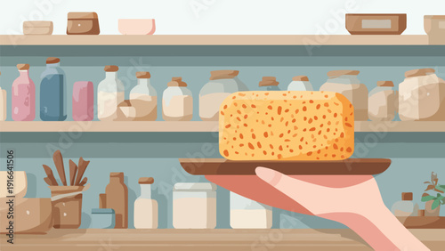 A hand presents a textured yellow object on a wooden tray in front of shelves filled with bottles