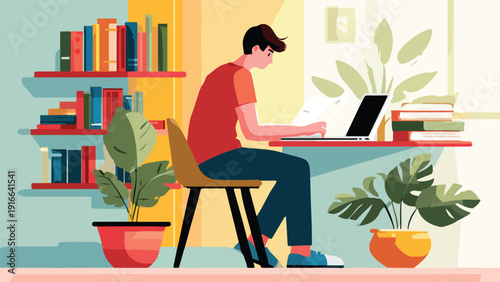 A person works on a laptop at a desk with books and plants