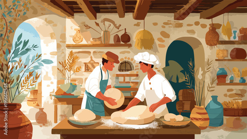 Two bakers work dough in a rustic stone kitchen, with drying herbs and pottery