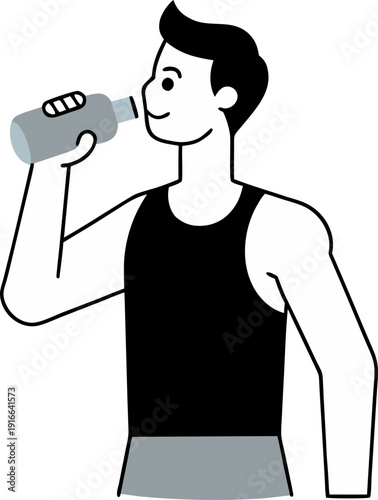 Man drinking water after workout  vector outline on white background
