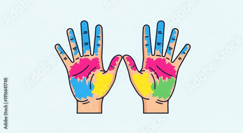 Vibrant colorful hands with paint smudges on fingers and palms raised up