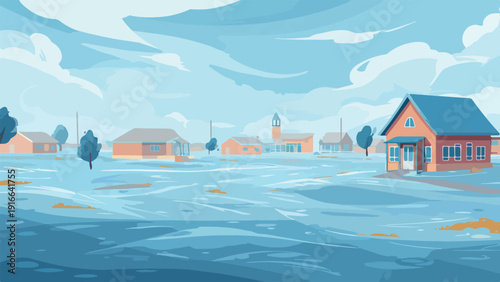 Flooded village under a stormy sky with houses partially submerged in blue water