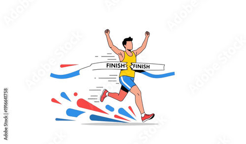 A triumphant athlete crossing the finish line in a vibrant vector illustration