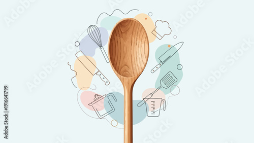 Aesthetic arrangement of kitchen utensils and cooking tools around a wooden spoon.