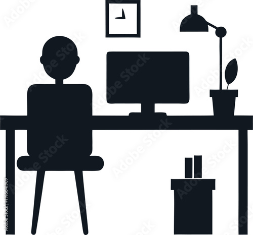 Working from home desk setup minimal vector  silhouette   on white background 