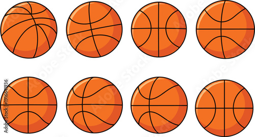 Basketball ball set with various panel line designs isolated on white background orange sports vector illustration collection