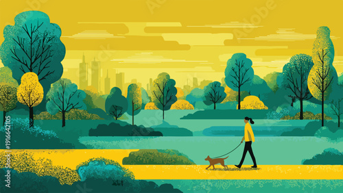 A person walks their dog through a stylized park with city skyline in the distance