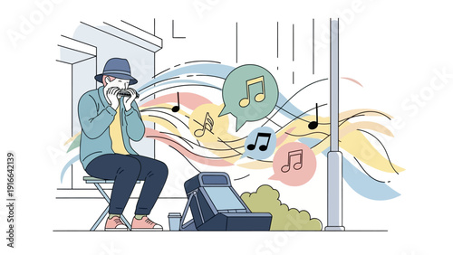 Street musician playing a harmonica performance.