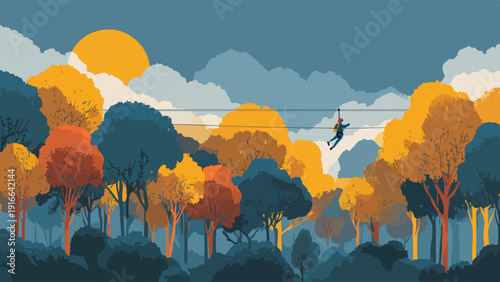 A person ziplines through a colorful forest with a setting sun