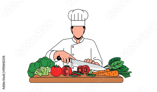 A chef prepares vegetables on a cutting board with a knife