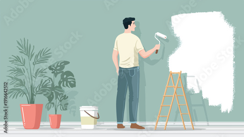 Man painting wall with roller, plants and paint bucket nearby