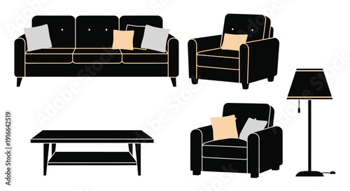 Modern living room furniture set in a stark black silhouette