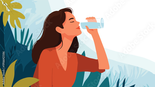 Woman drinking water from glass, surrounded by lush green foliage and light blue abstract shapes