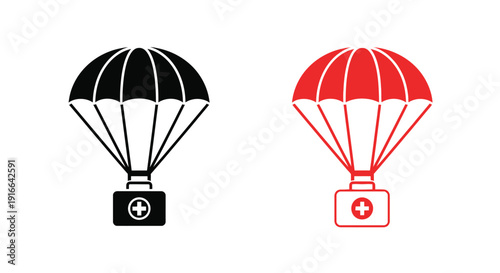 Two parachutes with medical supplies depicted as a striking silhouette