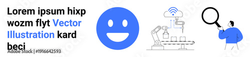 Digital communication, industrial automation, research, data analysis, artificial intelligence, smart factories. Smiling emotion, automation robots and magnifying glass imagery. Digital