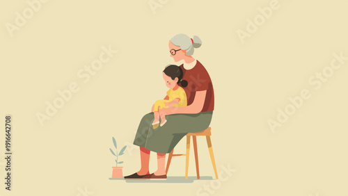 Grandmother holds a child on her lap, sitting on a stool next to a plant