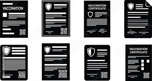Black and white vaccination certificate templates with shield QR code document