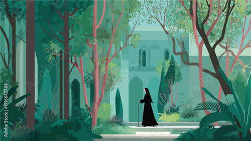 Nun walks through a lush, verdant garden with ancient architecture in the background