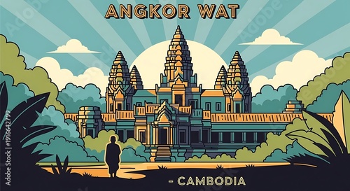 Iconic temple complex set amidst lush foliage under a stylized sky.