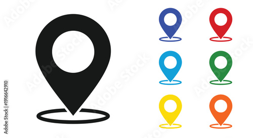 Location pin icons in various colors with a black silhouette