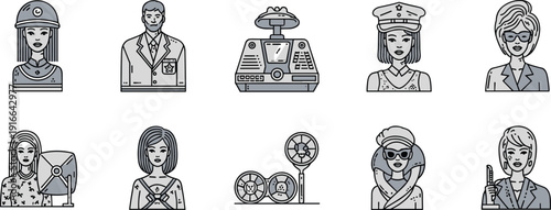 Black and white line of people in various professions line black and white occupations