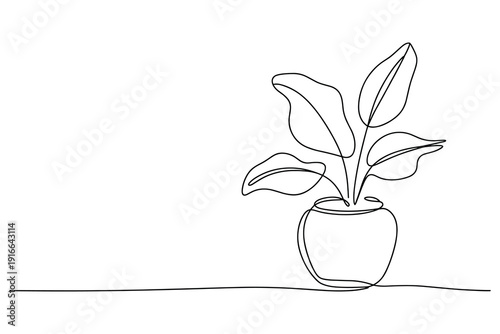 Potted plant continuous line drawing minimalist houseplant in vase simple botanical illustration