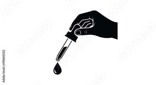 A hand holding a pipette dispensing a drop stark silhouette
